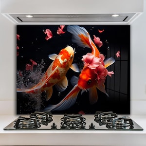 Dosseret en verre trempé poisson koi, couvercle d'évier de cuisine, crédence en cuivre, protection de dosseret, décoration de couverture arrière de cuisinière, planche à découper en verre