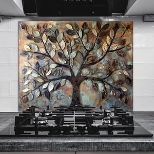Tree of Life Tempered Glass Kitchen Backsplash: Waterproof Cooker Panel