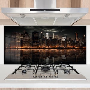 Manhattan City en verre trempé, dosseret de cuisine, carrelage, dosseret de poêle pour cuisine, revêtement arrière de poêle, revêtement supérieur de poêle, déco cuisine