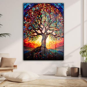 Tree Of Life Stained Tempered Glass Wall Art, Glass Wall Decor, Home Decor, Living Room Wall Art, Decor For Bedroom, Extra Large Wall Art