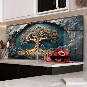 Backsplash de vidro temperado elegante com design da Árvore da Vida - Presente de boas-vindas perfeito - Capa traseira de fogão deslumbrante em forma de Árvore da Vida