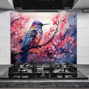 Crédence en verre pour oiseaux, crédence en verre pour la cuisine, crédence de cuisine aspect vitrail derrière la cuisinière, crédence pour la cuisine, crédence en carrelage