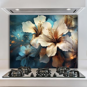 Flower Tempered Glass Stove Backsplash,Kitchen Backsplash Behind Stove,Glass Backsplash for Kitchen,Floral Kitchen Backsplash Behind Stove