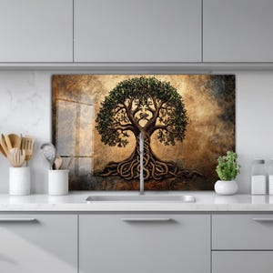 Arbre de vie Dosseret en verre, Dosseret en verre pour la cuisine, Dosseret de cuisine, Couvercle arrière de cuisinière, Dosseret en verre trempé derrière la cuisinière