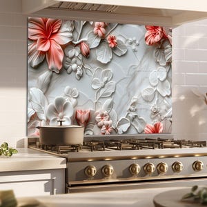 Flowers, Dosseret de poêle en verre trempé, crédence en carreaux de cuivre, Dosseret derrière la cuisinière, Dosseret en verre pour la cuisine, Couvercle de crédence