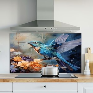 Dosseret en verre Bird, Dosseret en verre pour la cuisine, Dosseret de cuisine aspect vitrail derrière la cuisinière, Dosseret pour la cuisine, Carrelage