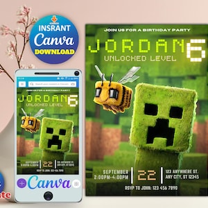 Plantilla de invitación de Minecrafter V5 para fiesta de cumpleaños / Invitación digital editable e imprimible / Plantilla Canva / Descarga instantánea