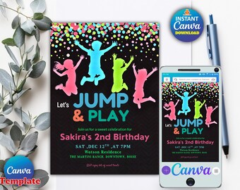 Geburtstagseinladung springen | Trampolin Party einladen | Hüpfburg Party | Lasst uns springen Einladung | Bearbeitbare Canva Vorlage | Sofort Download