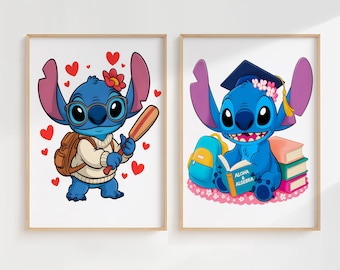 Stitch Wall Art for Girls Room, Custom Name Stitch Decor, Set of 2 Prints Kids Room Wall Art, Stitch Nursery Decor