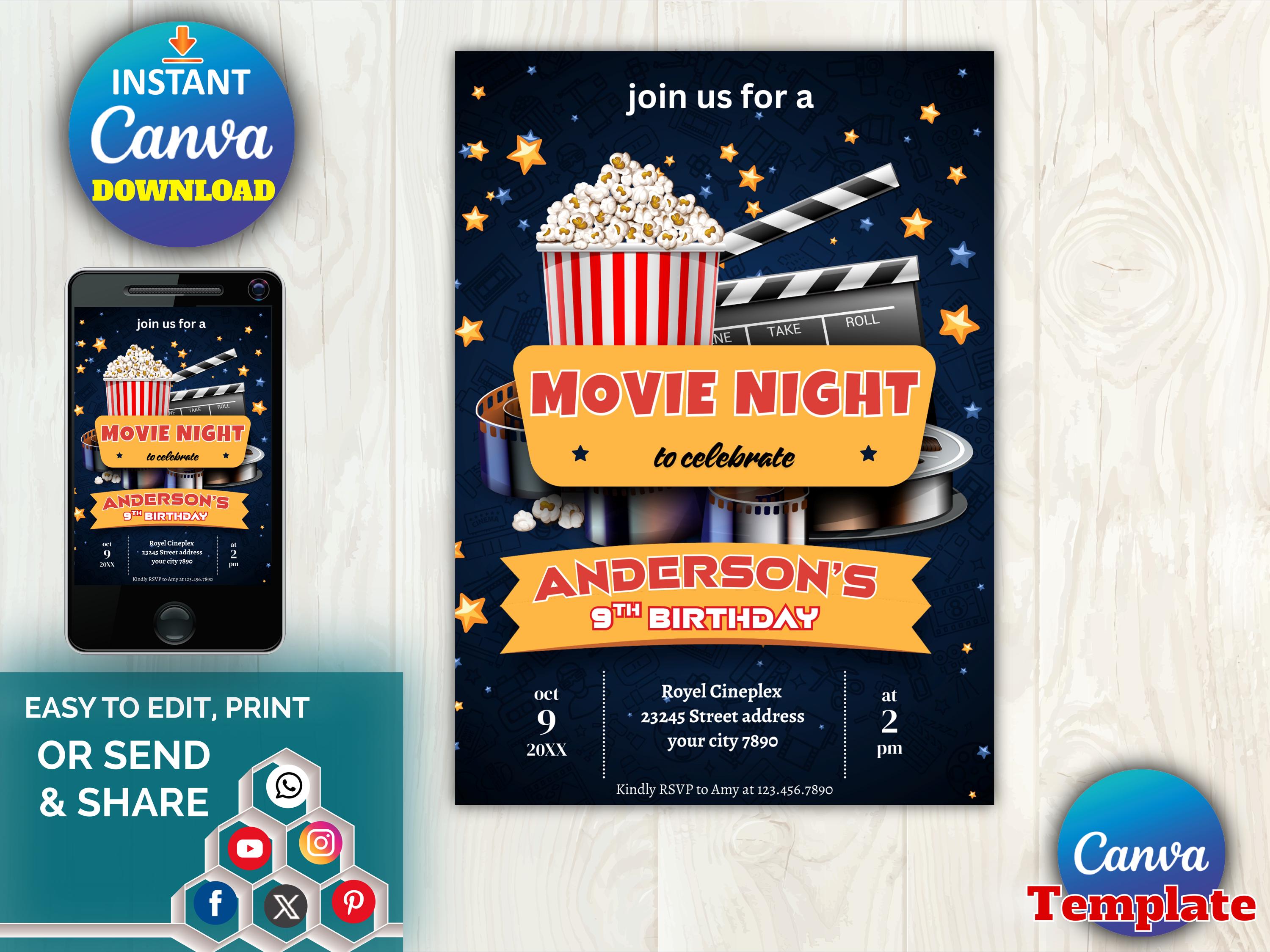 Movie Night Birthday Invitation | Sleepover Party Invite | Popcorn ...