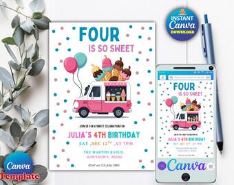 May include: A pink and white ice cream van illustration with the text "FOUR IS SO SWEET" on a birthday invitation. The invitation includes details for Julia's 4th birthday celebration, with a matching design on a smartphone.