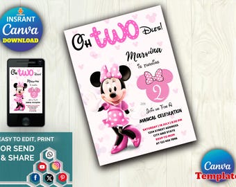 Invitación editable para segundo cumpleaños de ratón, linda invitación para segundo cumpleaños de ratón, plantilla imprimible de Canva, descarga instantánea
