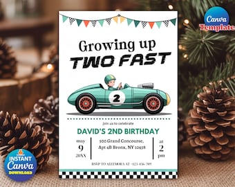 Bewerkbare twee snelle raceauto 2e verjaardag uitnodigen 2e verjaardag jongen uitnodiging racewagen Vintage neutrale afdrukbare sjabloon direct downloaden