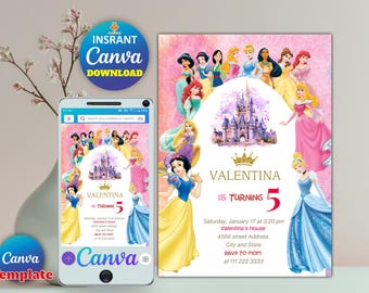 Invitación de cumpleaños de princesa en acuarela, invitación de princesa, invitación a fiesta de princesas, invitación de princesas niñas, pastel dorado, Canva editable