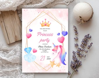 Invitación de cumpleaños de princesa de acuarela, invitación de princesa, invitación a fiesta de princesa, invitación de princesas niñas en tonos pastel dorado, Canva editable