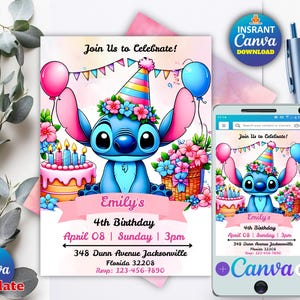 Stitch Birthday Invitation | Editable & Printable Template | Cute Stitch Party Invite | Canva Template | Instant Download