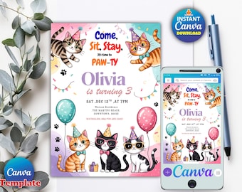 Editable Kitten Birthday Invitation | Cat Party Invite | Kitty Birthday Party for Girls | Instant Download | Canva Template | Digital Invite