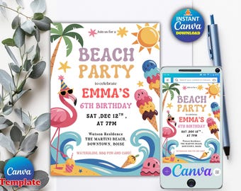 Editable Beach Birthday Party Invitation, Tropical Splish Splash Invite, Girly Summer Beach Party, Editable Canva Template, Instant Download