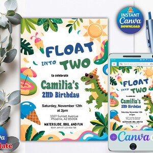 May include: A colourful birthday invitation with the words "FLOAT INTO TWO" and a dinosaur illustration. The invitation details Camilia's 2nd birthday, with a waterside, BBQ, and fun theme. A smartphone shows the same design.