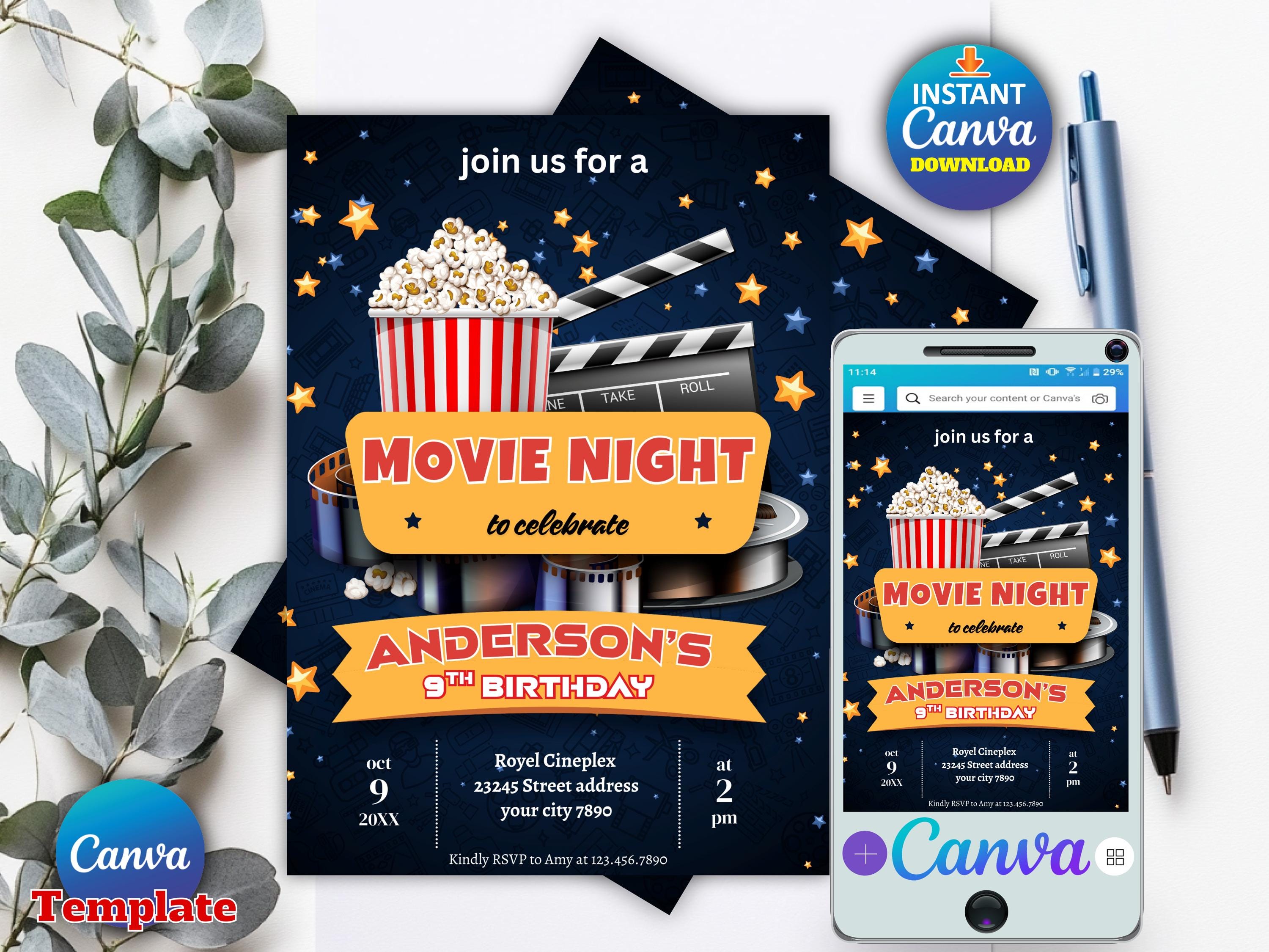 Movie Night Birthday Invitation | Sleepover Party Invite | Popcorn ...