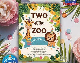 Safari Animals 2nd Birthday Invitation | Canva Template (Digital)