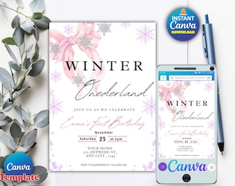 Pink Bow Winter Onederland Invitation | First Birthday Invite | Snowflake Birthday Girl | Pink Silver Winter Party | Editable Canva Template