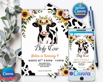 Sunflower Cow Birthday Invitation, Editable Canva Template (Digital Download)