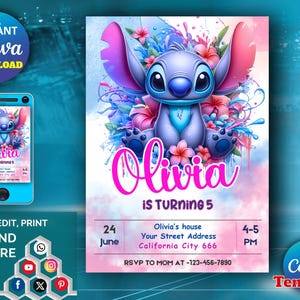 Stitch Birthday Invitation Editable Template, Canva Editable Birthday Invitation, Stitch Birthday Party Invitation, Invite Canva Template