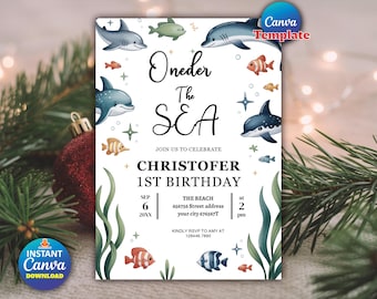 Invitación de cumpleaños de Oneder the Sea, plantilla editable de Canva, animales marinos en acuarela, invitación de cumpleaños infantil náutica oceánica, descarga digital
