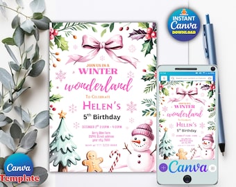 Winter Wonderland Birthday Invitation | Blue Snowflake Girl Invite_Editable Canva Template | Digital Birthday Party Invite_Instant Download