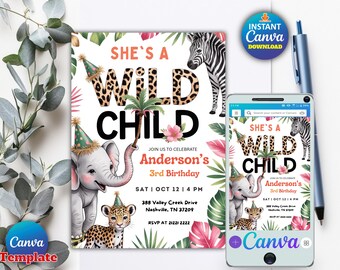 Wild Child Birthday Invitation | Safari Animals Party (Canva Template)