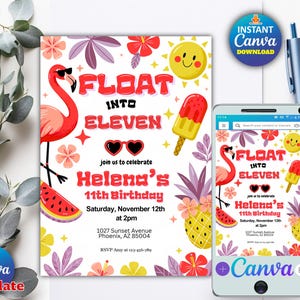 Op de afbeelding: Een verjaardagsuitnodiging met een flamingo met zonnebril, watermeloen en een lachende zon. De tekst luidt "FLOAT INTO ELEVEN" en "Helena's 11e verjaardag". Een smartphone toont hetzelfde ontwerp. Canva-sjabloon.