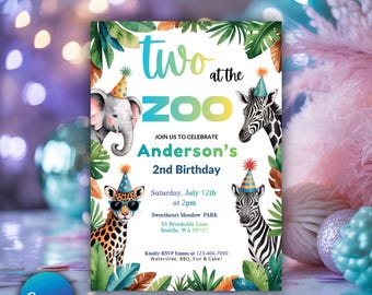 Bearbeitbar Zwei im Zoo Geburtstagseinladung, Safari Party Canva Vorlage, digitale Einladung, sofortiger Download, DIY Geburtstagseinladung
