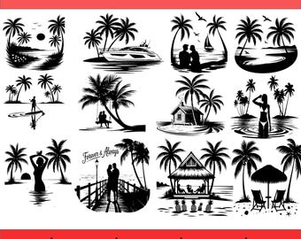 Beach Scene svg Bundle, Summer Beach svg, Palm Tree Clipart, Woman on Beach SVG, Beach PNG, Tropical Summer Cricut Files,