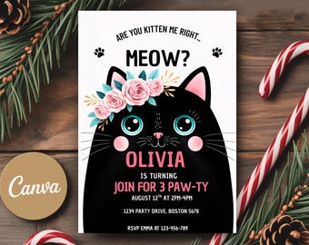 Pink Cat Birthday Invitation, Meow Theme, Canva Template (Digital)