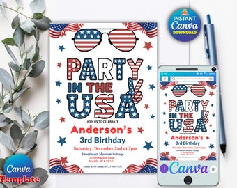 Invito modificabile per la festa di compleanno del 4 luglio / Invito per la celebrazione degli Stati Uniti / Invito di compleanno rosso, bianco e blu / Download immediato_Modello Canva