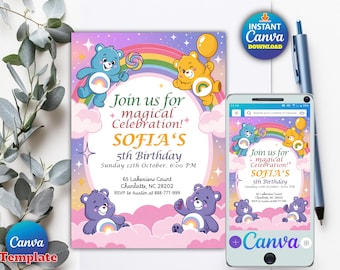 Care Bears Birthday Invitation, Editable Party Invite 5x7, Digital Download, Canva Template, Editable Birthday Invite, Printable Invite