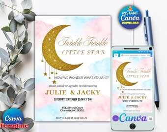 May include: A gender reveal invitation with a gold glitter crescent moon and stars, the text "Twinkle Twinkle Little Star", and the names Julie & Jacky. A smartphone displays the same design. The Canva logo is visible.