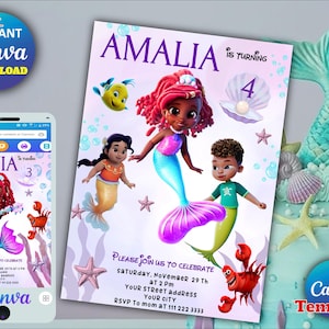 Faire-part d'anniversaire modifiable La petite sirène, invitation de fête d'anniversaire Ariel, nouvelle invitation d'anniversaire de la petite sirène, modifiable sur toile