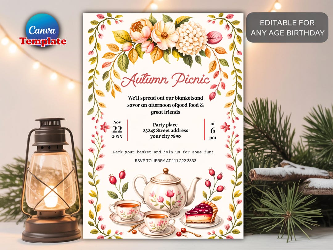 Autumn Picnic Invitation, Fall Gathering Watercolor Floral Template ...