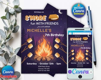 May include: A digital invitation template for a 7th birthday party with a campfire theme. The design features a bonfire, marshmallows, and the text "S'more fun with friends." Includes a smartphone mockup and Canva download button.
