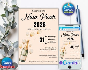 Editable New Year's Eve Party Invitation Template, Champagne Boho NYE Invite, Elegant Neutral 2026 Digital Canva Template Instant Download