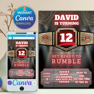 Invitación de cumpleaños de lucha libre (cinturón de campeonato editable), invitación para entradas de boxeo y MMA, plantilla digital, tarjeta de cumpleaños imprimible, descarga instantánea