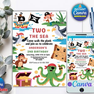 May include: A colourful pirate-themed birthday invitation with the text "TWO THE SEA" and "2ND BIRTHDAY". The design features cartoon illustrations of a pirate ship, monkey, octopus, treasure chest, and map. A smartphone shows the same design.