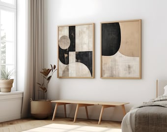 Beige Black Abstract Print Set: Modern Minimalist Wall Art (Digital Download)