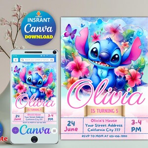 Stitch Birthday Invitation Editable Template, Canva Editable Birthday Invitation, Stitch Birthday Party Invitation, Invite Canva Template