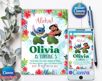 May include: A blue and green Stitch and a pink and brown Lilo from the Disney movie Lilo & Stitch are dancing on a blue and white background with pink flowers. The text "Aloha!" is at the top of the invitation. The text "Olivia is turning 5" is in green letters. The text "Saturday, 22 June, starts at 3 pm. 123 Main Street, Your City Name 1234. RSVP to MOM 903-525-1025" is in black letters.
