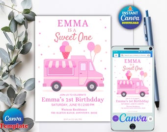 May include: Pink ice cream truck birthday invitation with the text "Emma is a Sweet One." The invitation includes the date, time, and location of the party. A smartphone displays the same invitation.