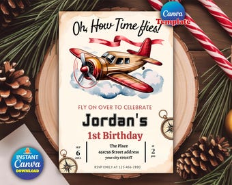 Invitación de cumpleaños editable de avión, invitación moderna de avión, fiesta de cumpleaños "Oh My Time Flies", fiesta de primer cumpleaños de avión de viaje vintage