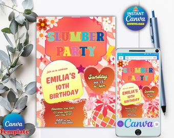 Editable Slumber Birthday Party Invitation for Tween Teen, Preppy Pajama Sleepover, Instant Download, Canva Template, Digital Invite